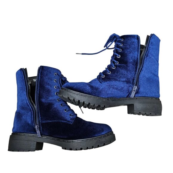 Wanted New Velour Royal Blue Ankle Patrol Lace-up Chunky Y2K Combat Boot - Picture 6 of 13